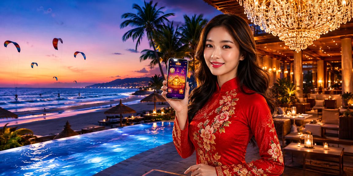 Người phụ nữ mặc áo dài tại Mũi Né sử dụng ứng dụng casino trên điện thoại